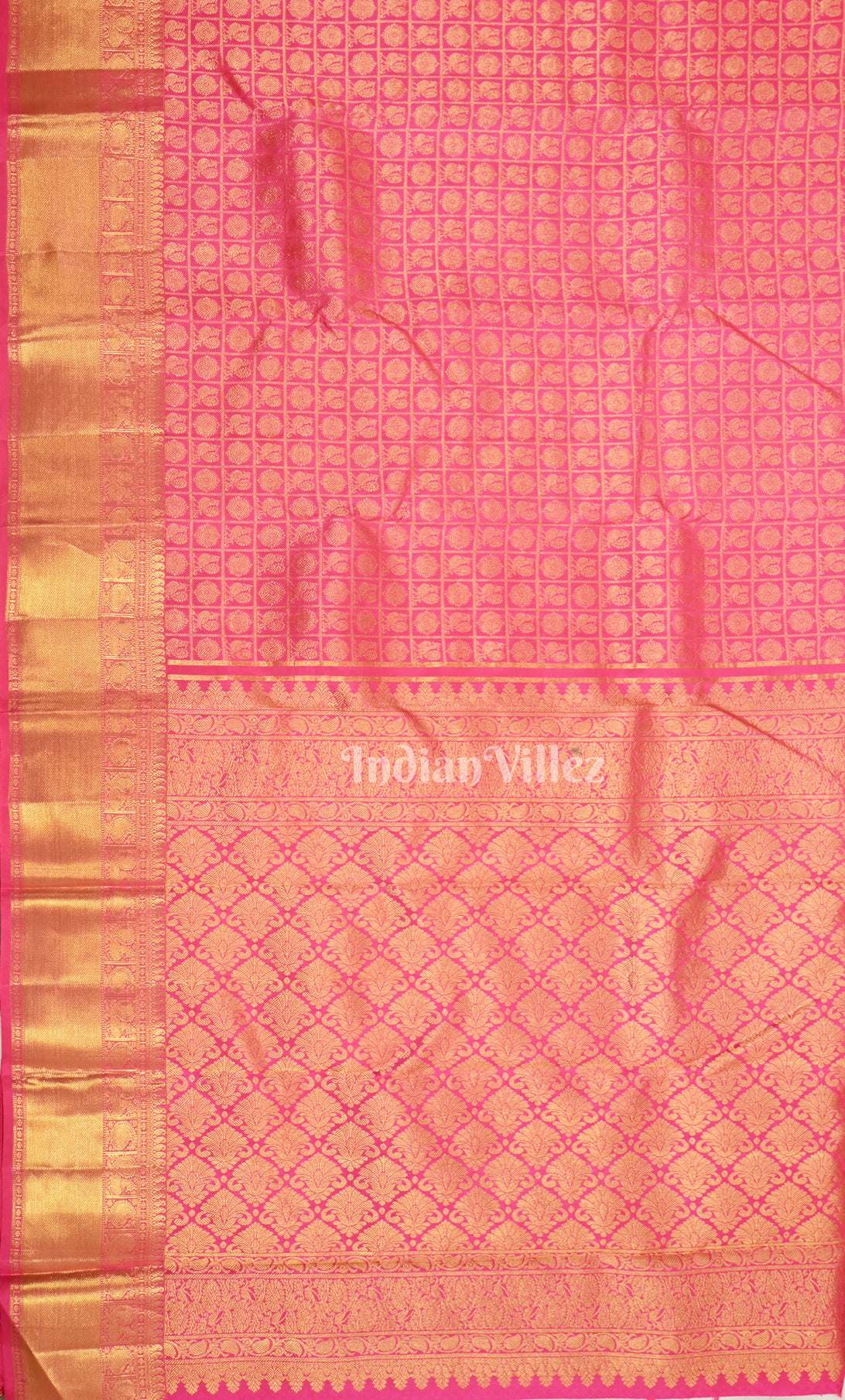 Rani Pink with Golden Check Buti Brocade Pure Kanjivaram Silk Saree 