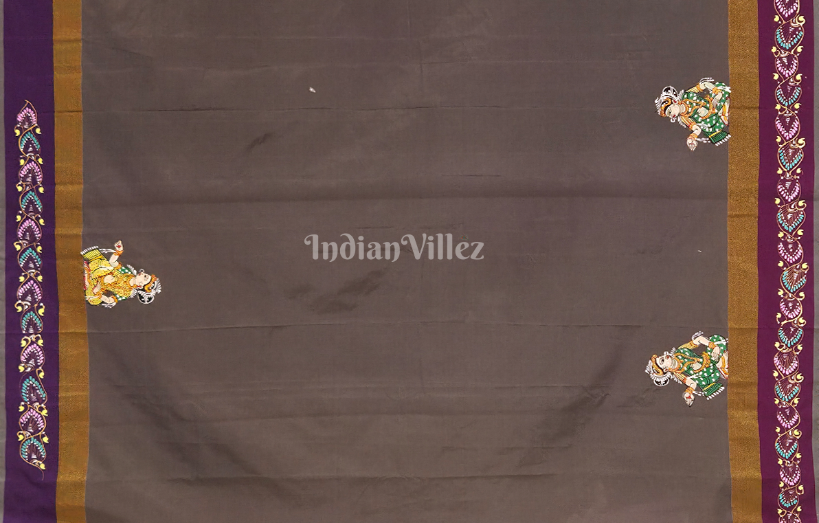 Grey Dandiya Raas Theme Hand-Painted Pattachitra Saree 