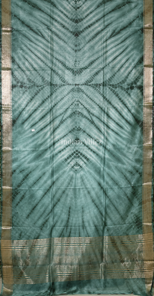 Teal Blue Block Printed Shibori Cotton Saree 