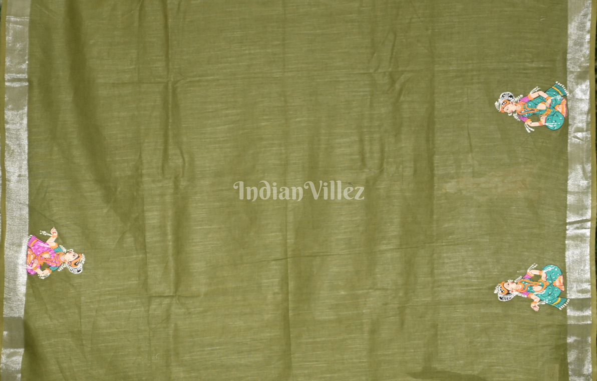 Mehendi Green Ardha Chandra Krishna Rasa Leela Hand-Painted  Pattachitra Saree(Linen) 