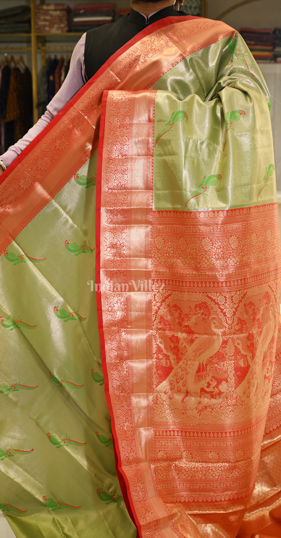 Mehendi Green Dual Tone Parrot Motif Kanjivaram Tissue Silk Saree