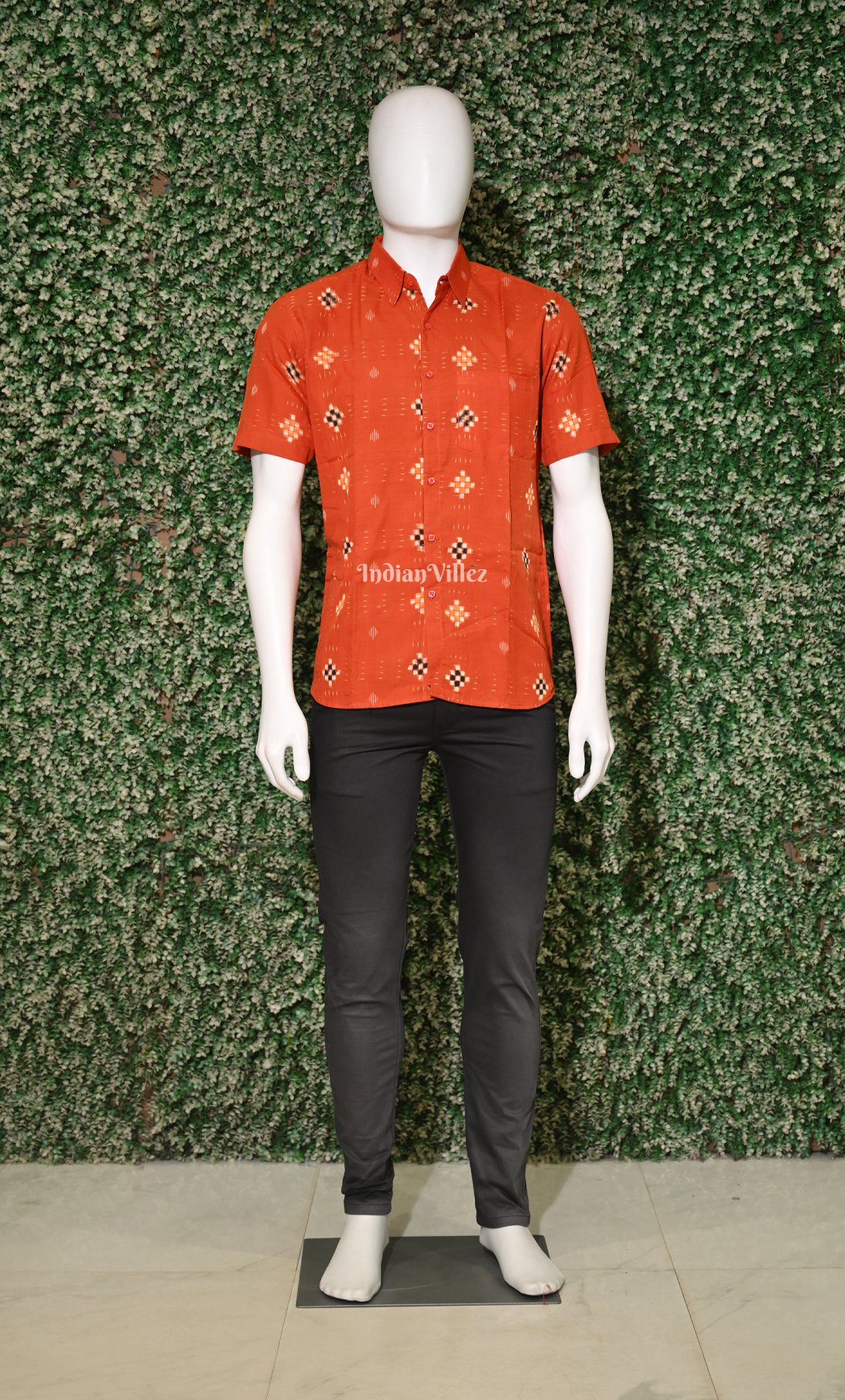 Orange Pasapali Odisha Ikat Cotton Half Sleeve Shirt for Men