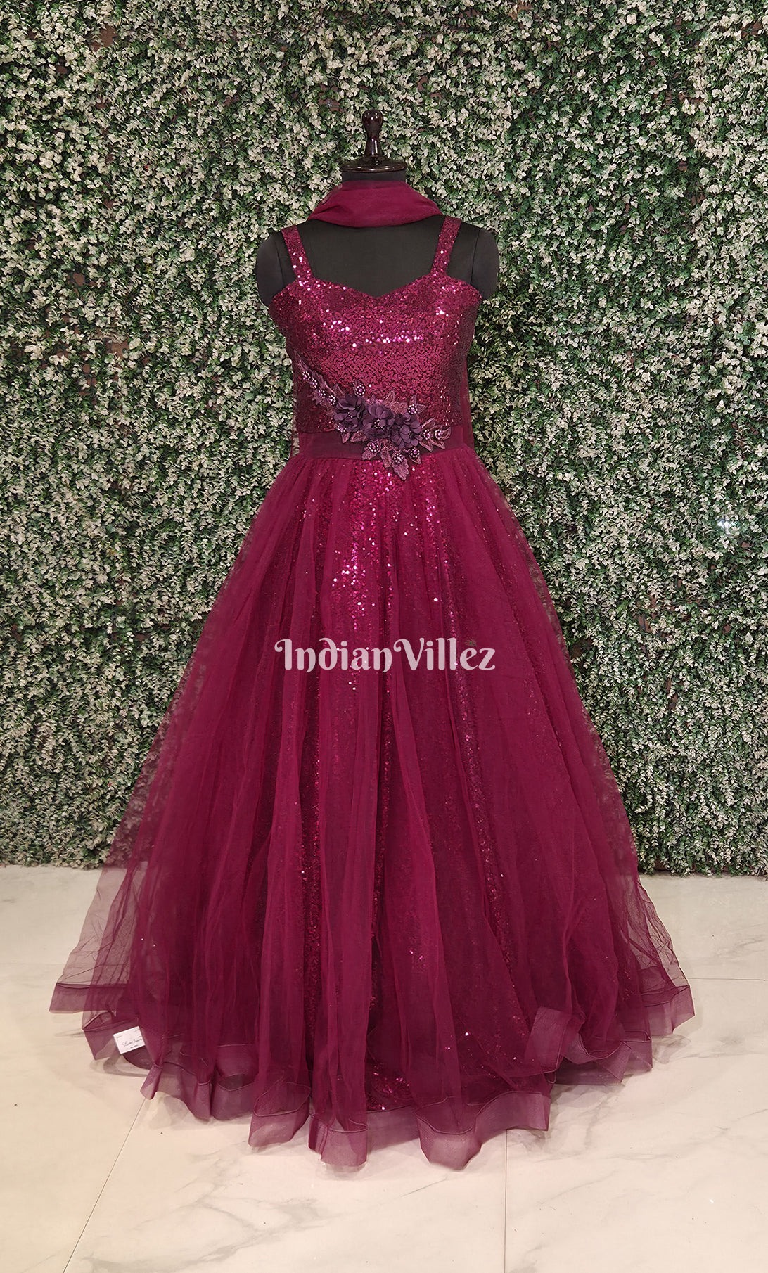 Party Wear  Designer Wine Indowestern Gown with Sequins Embroidery 