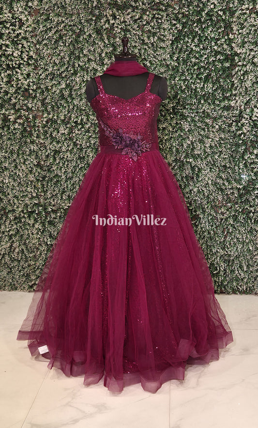 Party Wear  Designer Wine Indowestern Gown with Sequins Embroidery 