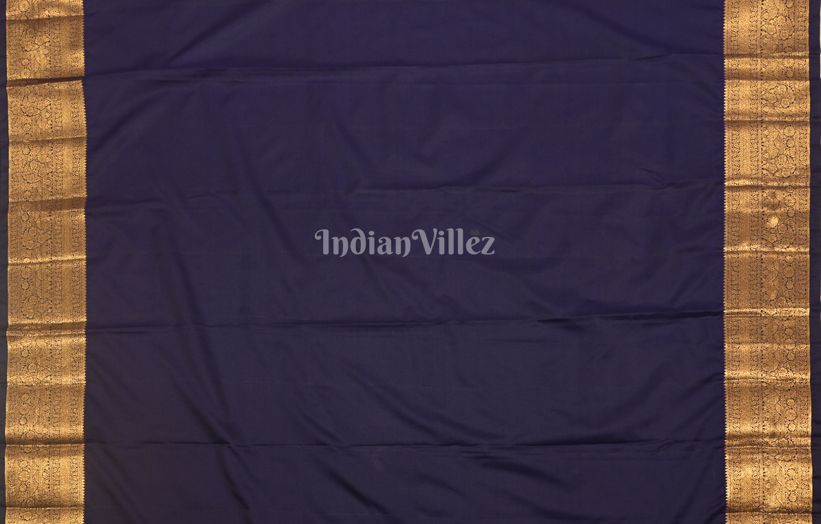 Navy Blue Gold Floral Pure Brocade Kanjivaram Silk Saree