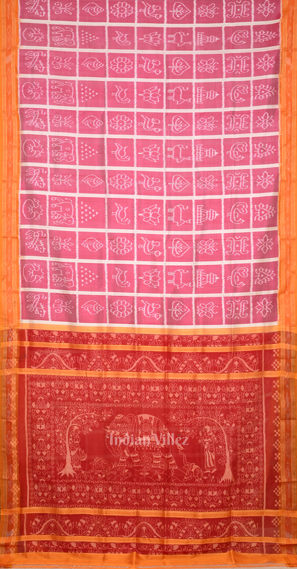 Baby Pink Red Nabakothi Odisha Ikat Khandua Silk Saree with Elephant Anchal