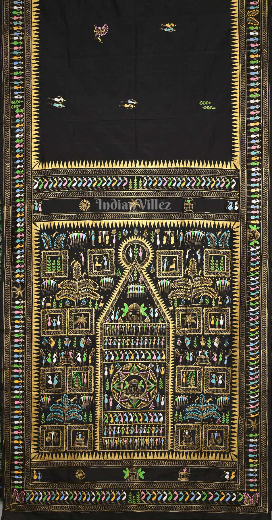 Black Saura Tribal Art Hand-Painted Pattachitra Saree 