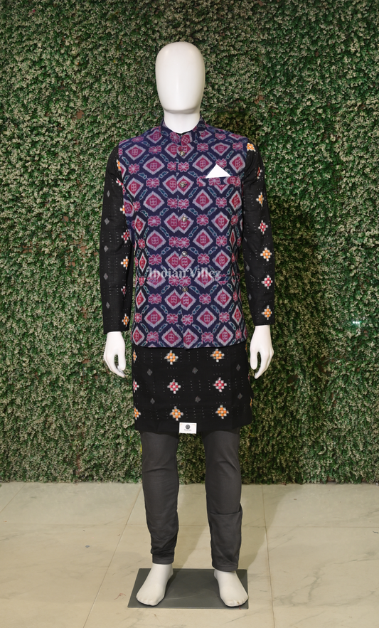 Navy Blue Red Odisha Ikat Half Bandi Jacket for Men