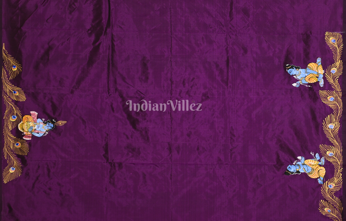 Purple Krishna Janmashtami Theme  Hand-Painted Pattachitra Saree 