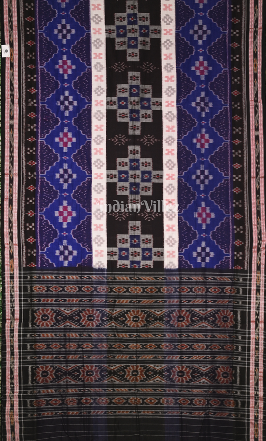 Blue Black Pasapali  Triple Layer Odisha Ikat Sambalpuri Cotton Saree 