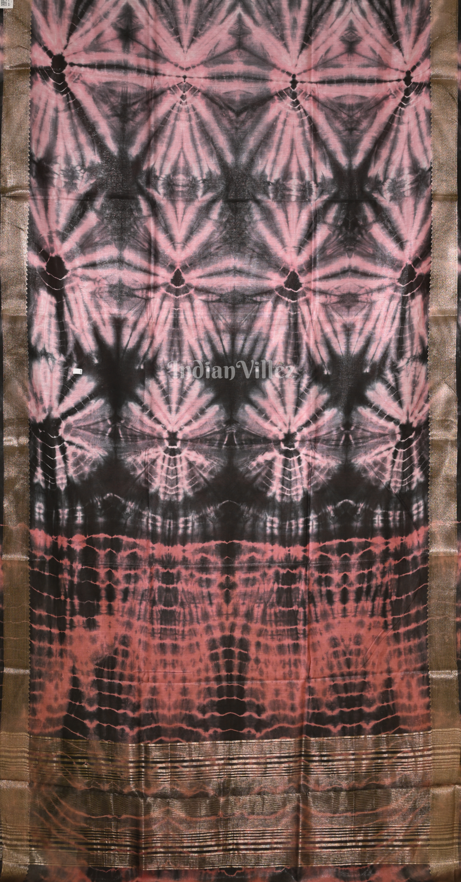 Light Pink Maroon Block Printed Shibori Cotton Saree