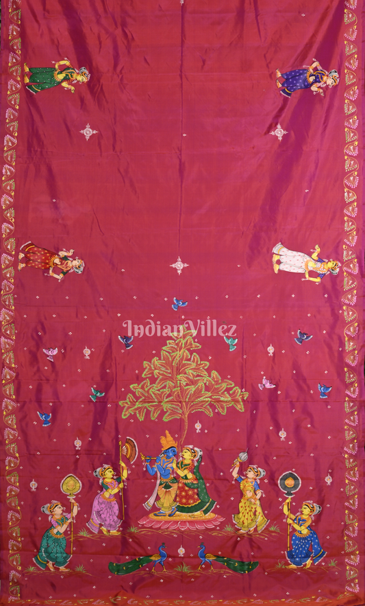 Magenta Pink Raas Leela Hand-painted Pattachitra Saree