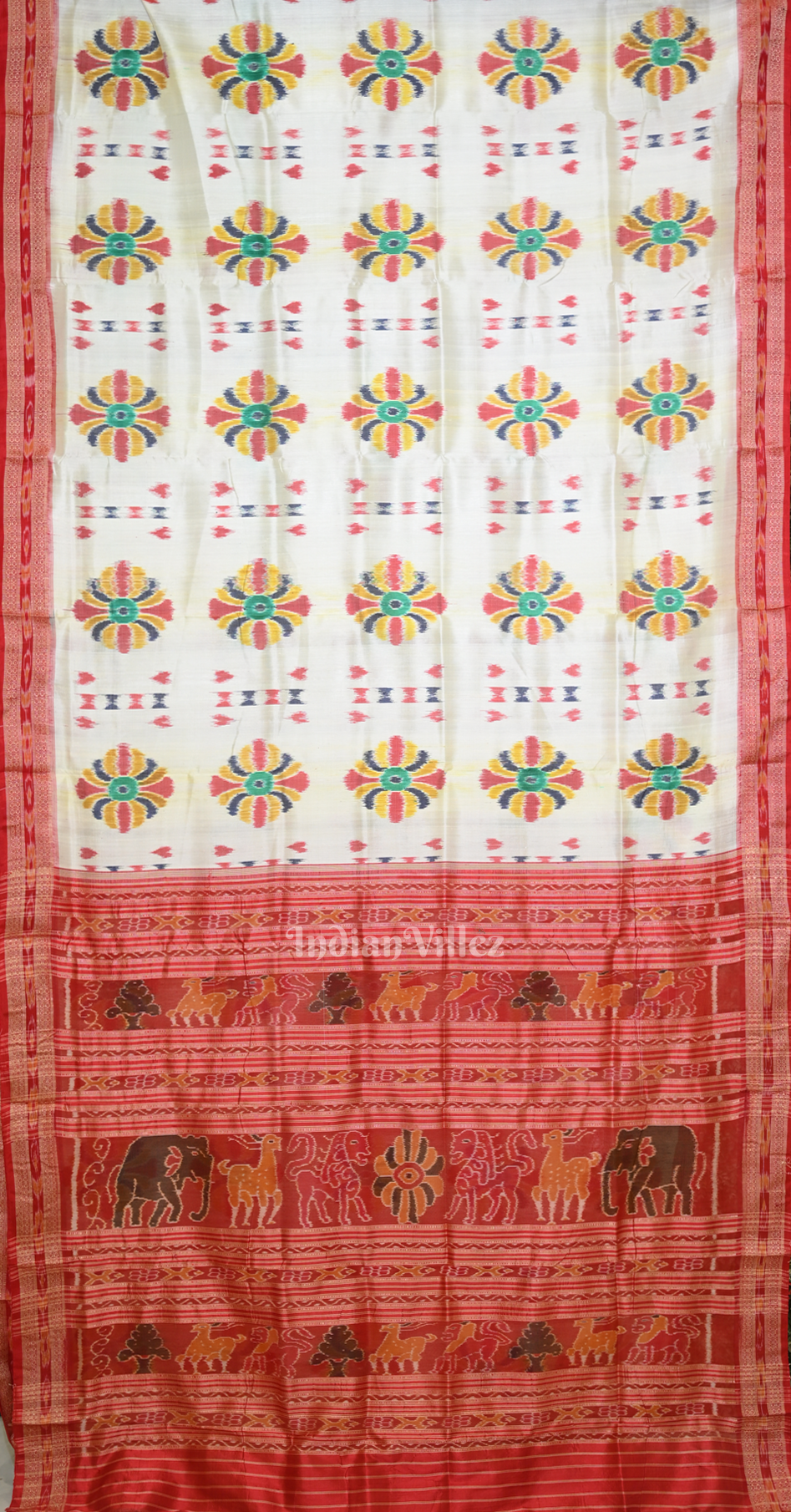  Off White Red Baghambari Odisha Ikat Khandua Silk Saree 
