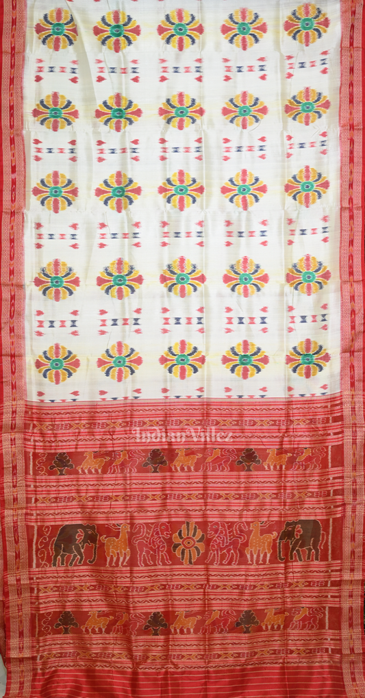  Off White Red Baghambari Odisha Ikat Khandua Silk Saree 