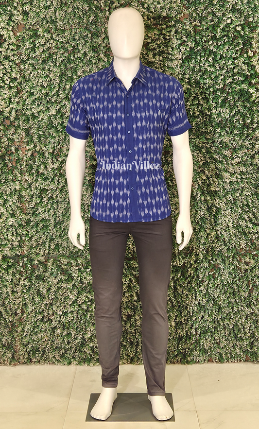 Blue Mashroom Motif Odisha Ikat Cotton Half Sleeve Shirt for Men 