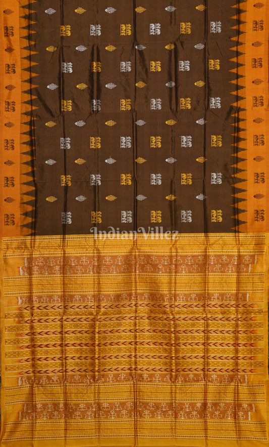 Coffee Yellow  Tribal Theme Odisha Ikat Bomkai Sambalpuri Silk Saree