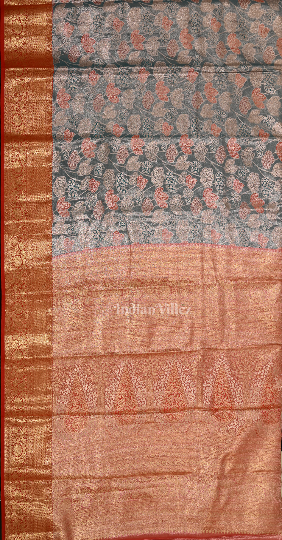 Powder Blue Red Floral Pure Kanjivaram Tissue Silk Saree 