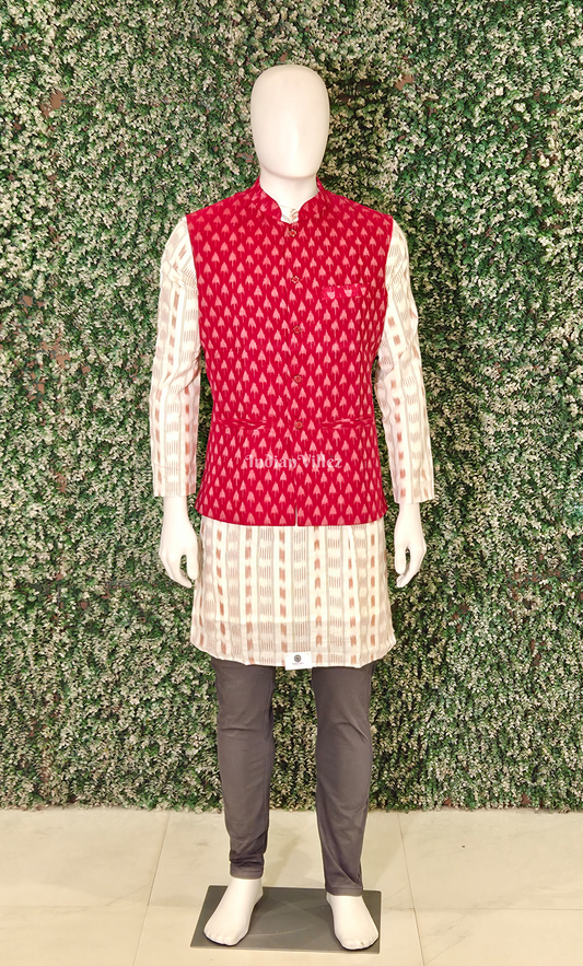 Red Mashroom Motif Odisha Ikat Half Bandi Jacket for Men
