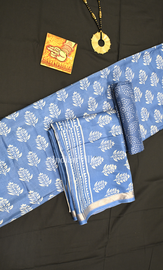 Blue Block Printed Crepe Silk Suit Sets 