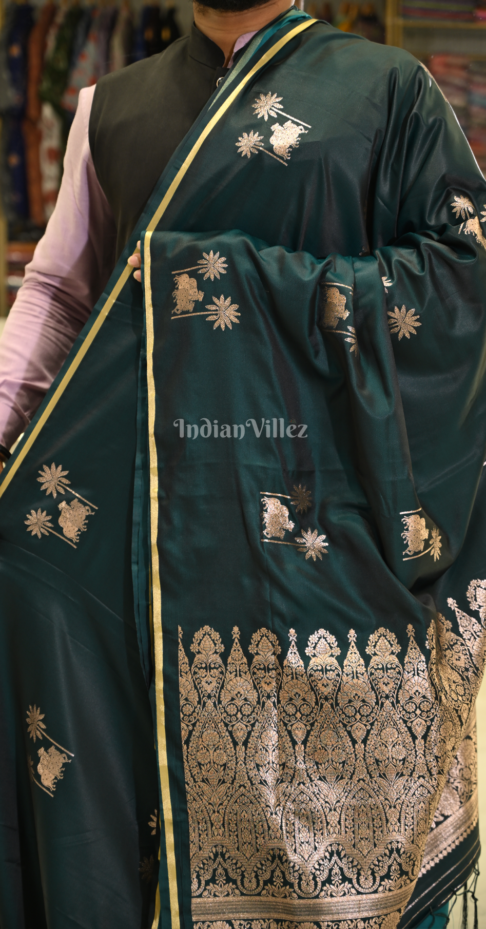 Bottle Green Mashru Satin Banarasi Silk Saree with Pichwai Motif