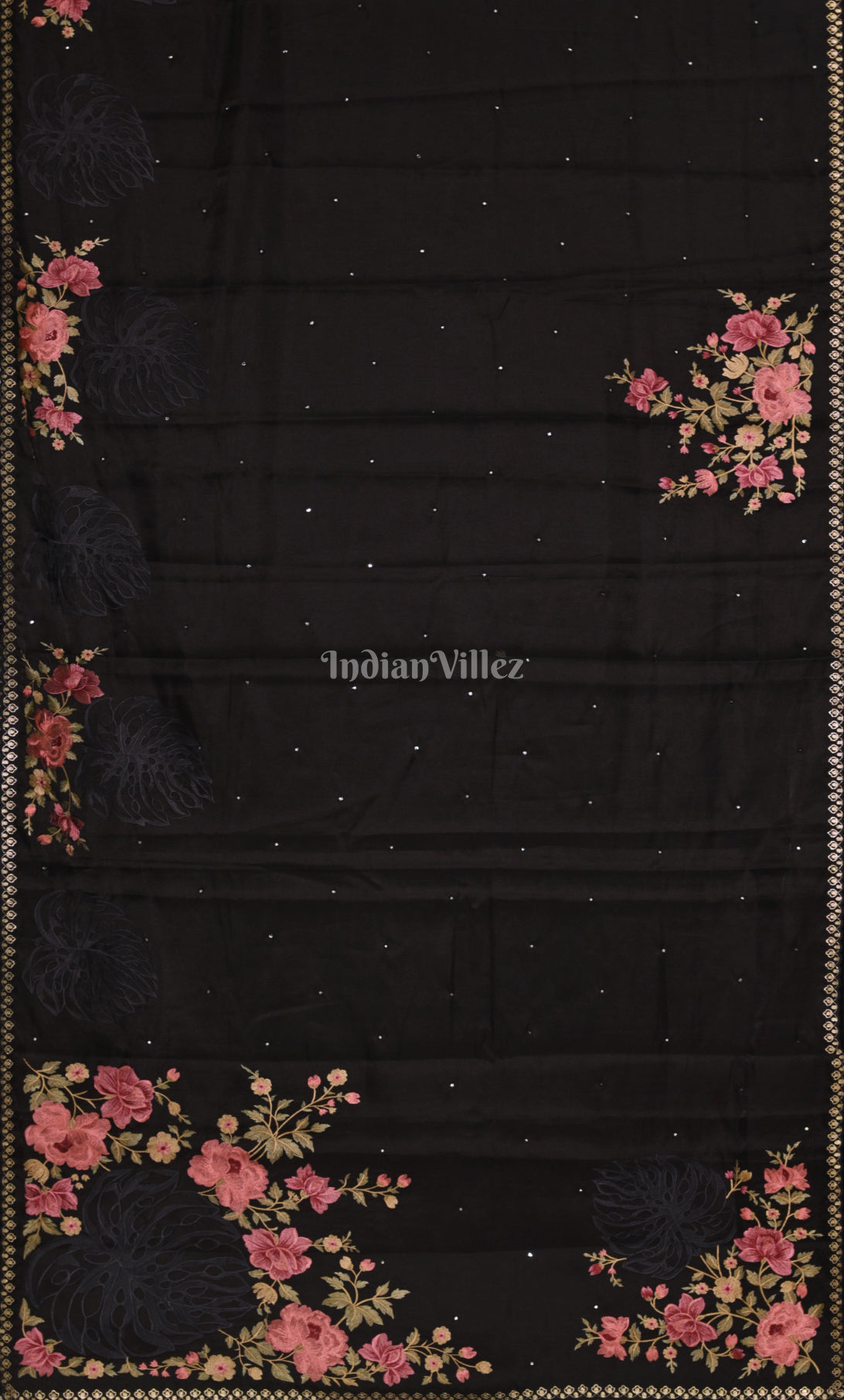 Black Tussar Silk Saree with Floral Hand Embroidery Work 