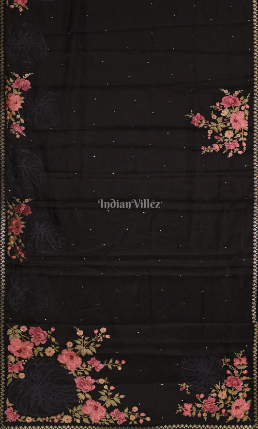 Black Tussar Silk Saree with Floral Hand Embroidery Work 