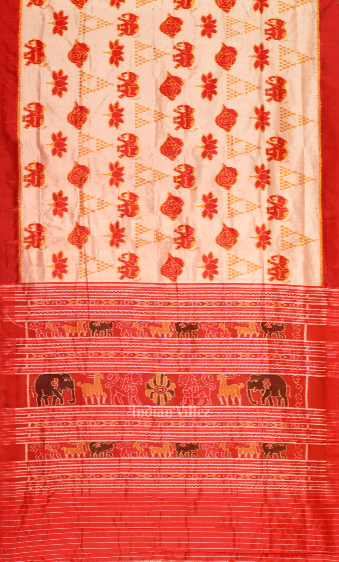 Off White Red Nabarangi Odisha Ikat Contemporary Designer Silk Saree