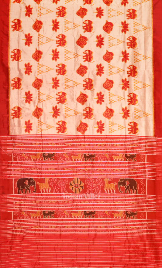 Off White Red Nabarangi Odisha Ikat Contemporary Designer Silk Saree
