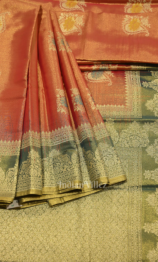 Light Orange Green Dual Tone Brocade Pure Kanjivaram Tissue Silk Saree