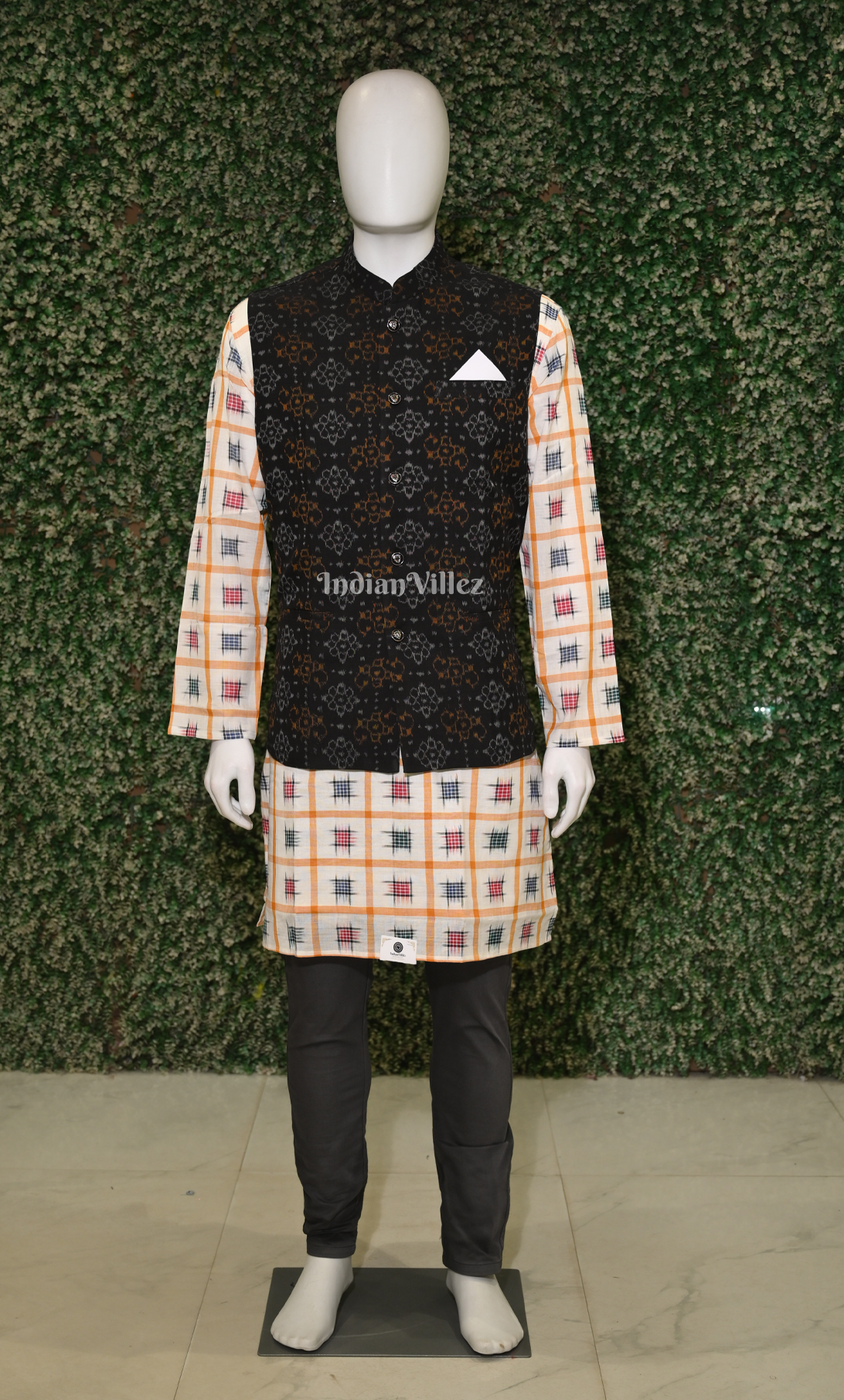 Black Flower Motif Odisha Ikat Half Bandi Jacket for Men 