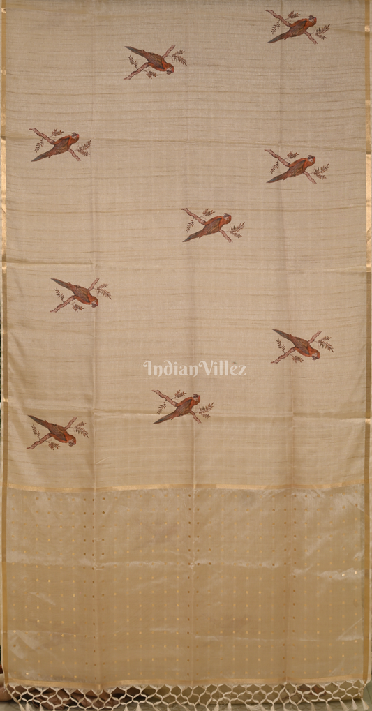 Beige Brown Bird Motif Tusasr Silk Saree 