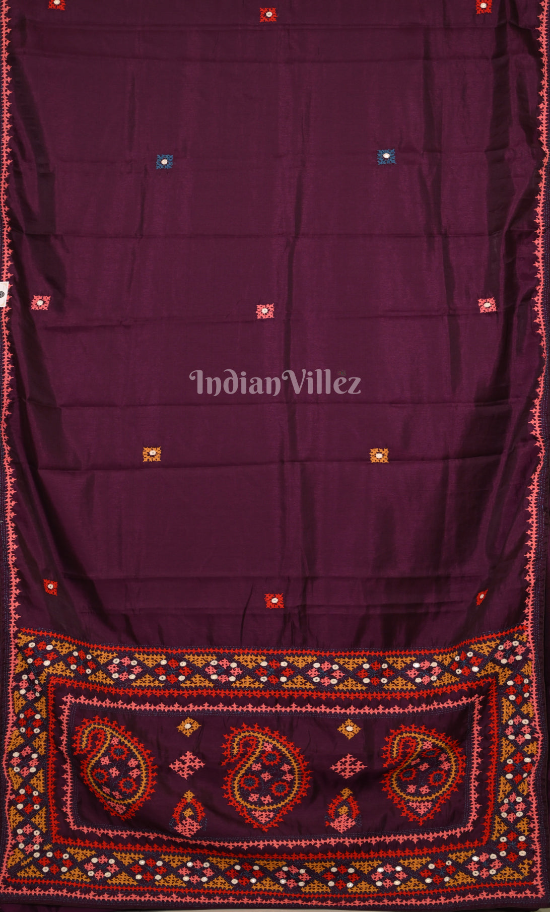Plum Purple Thread Work Hand Embroidery Kutch Work Silk Saree