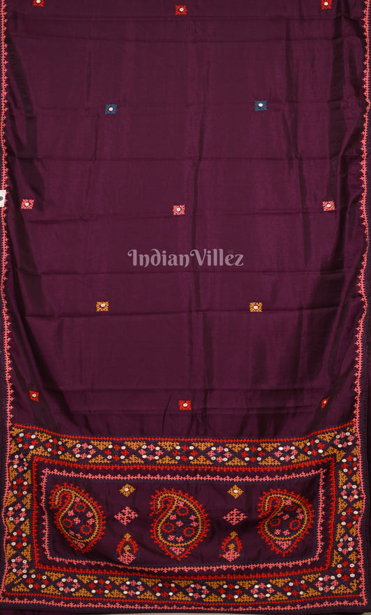 Plum Purple Thread Work Hand Embroidery Kutch Work Silk Saree