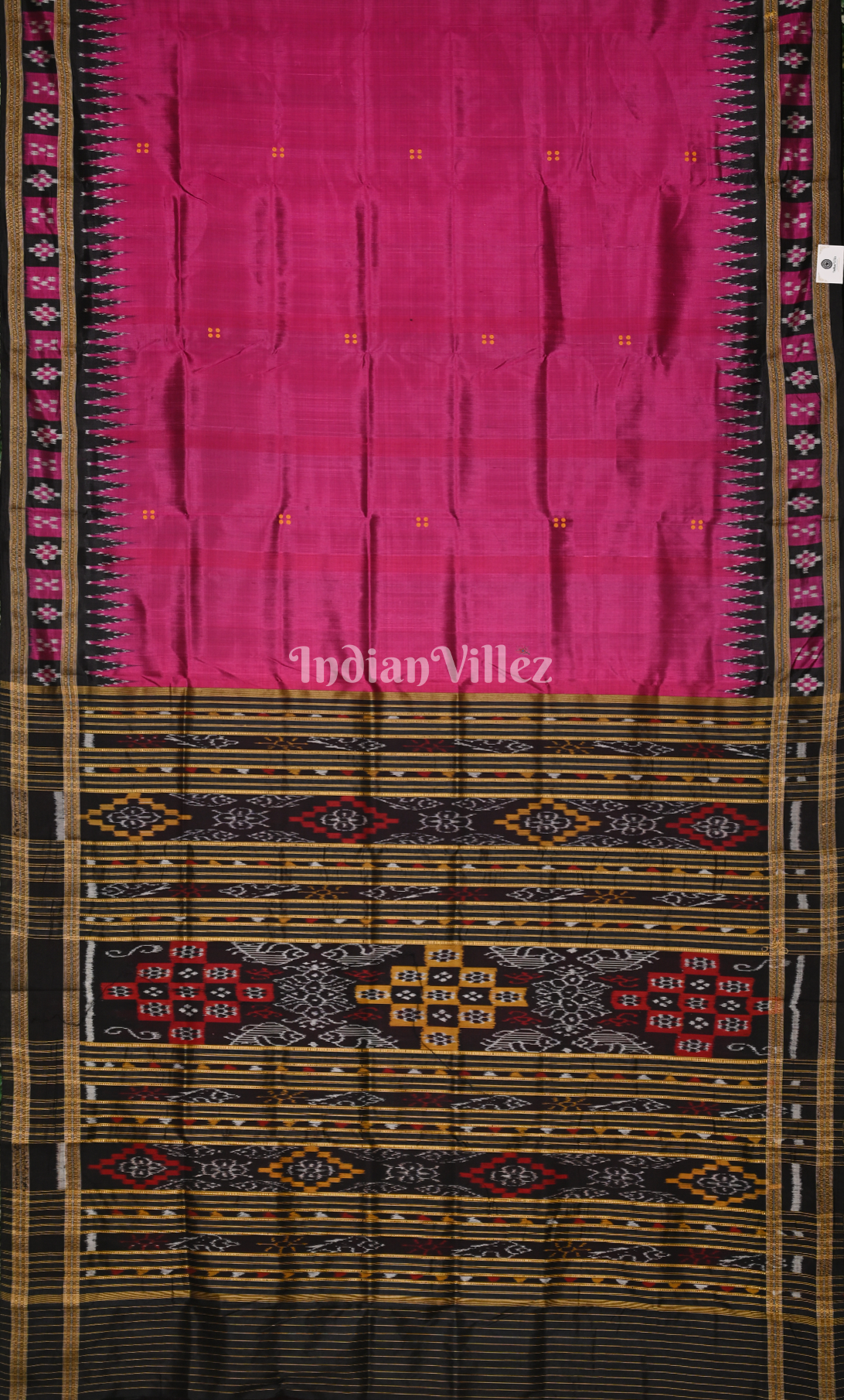 Magenta Pink Black Buti Design Odisha Ikat Khandua Silk Saree with Pasapali Border