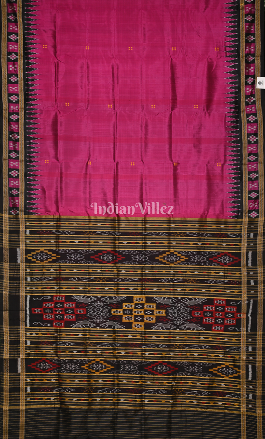 Magenta Pink Black Buti Design Odisha Ikat Khandua Silk Saree with Pasapali Border