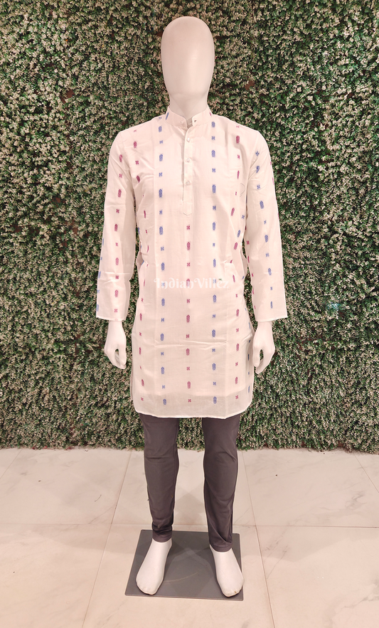 White Fish Motif Odisha Ikat Cotton Kurta for Men