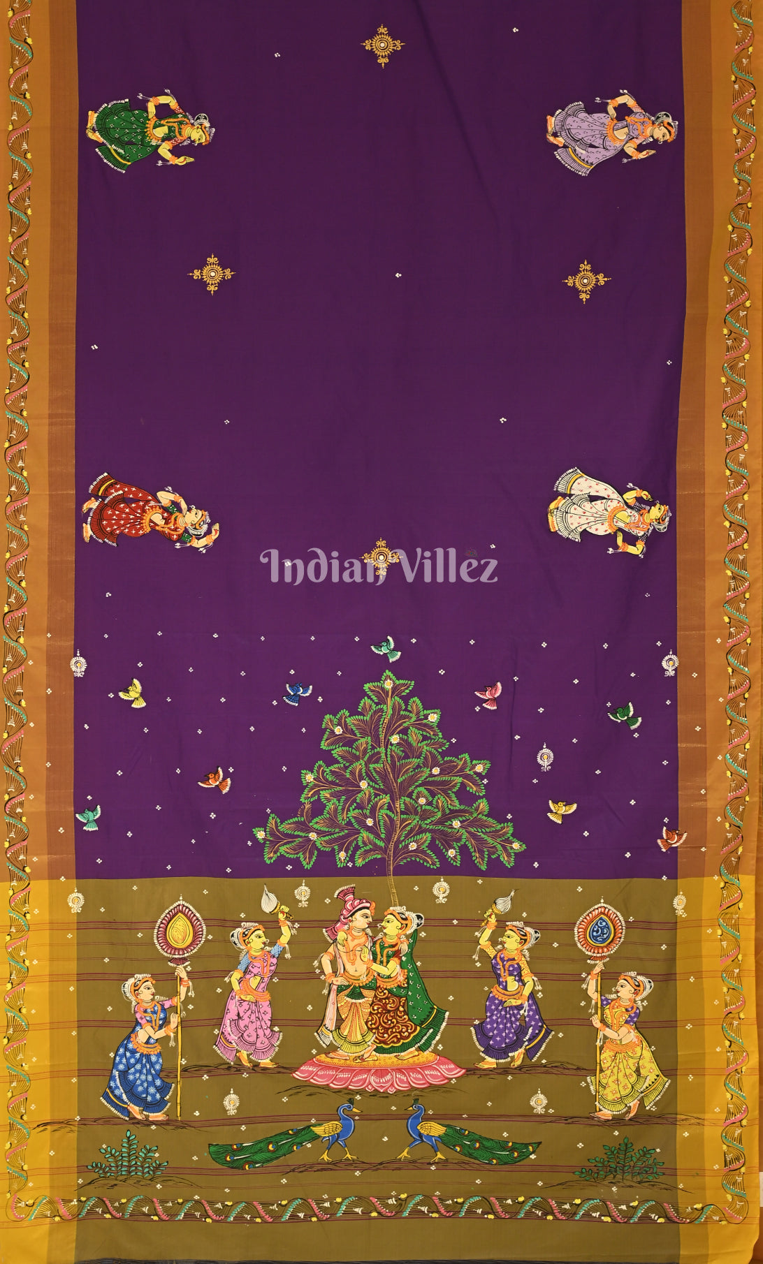 Purple Olive Green Krishna Raasleela Hand-Painted Pattachitra Saree 