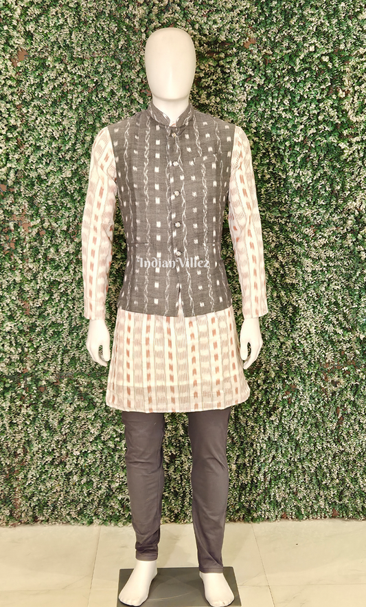 Grey Tipa Design Odisha Ikat Half Bandi Jacket for Men 