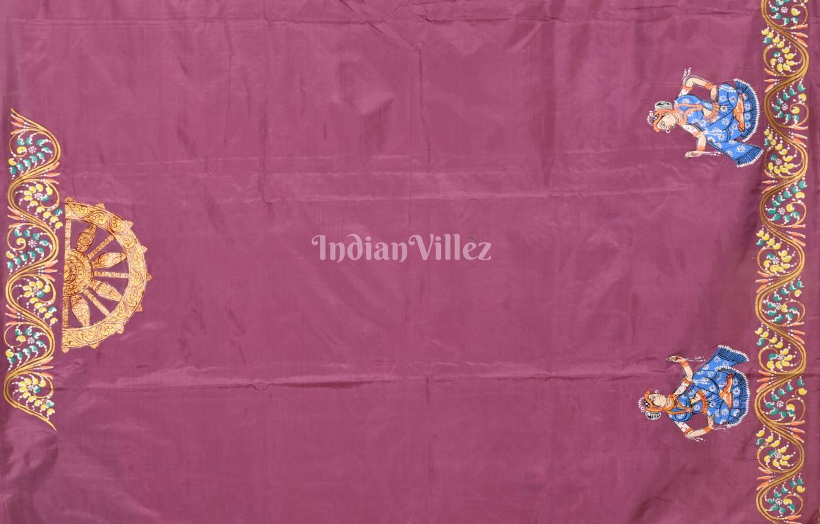 Pink Golden Nartaki Konark Temple Hand-Painted Pattachitra Saree 