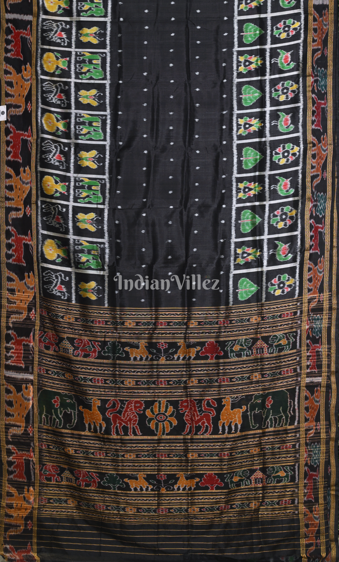Black Dot Half Nabakothi Border Odisha Ikat Khandua Silk Saree with Jungle Anchal