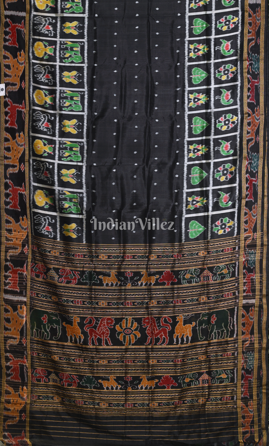 Black Dot Half Nabakothi Border Odisha Ikat Khandua Silk Saree with Jungle Anchal