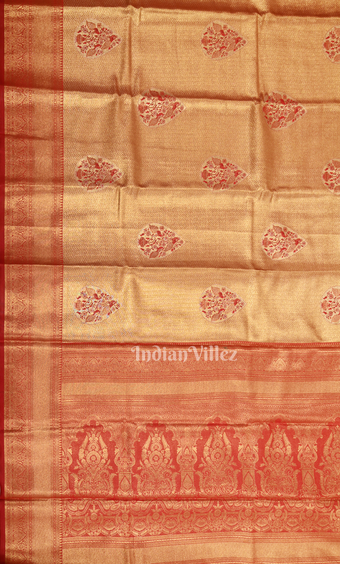 Light Orange Red Paisley Pure Kanjivaram Tissue Silk Saree 