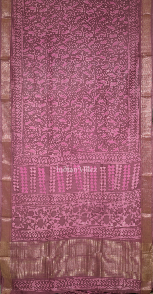 Pink Block Printed Dabu Cotton Saree 
