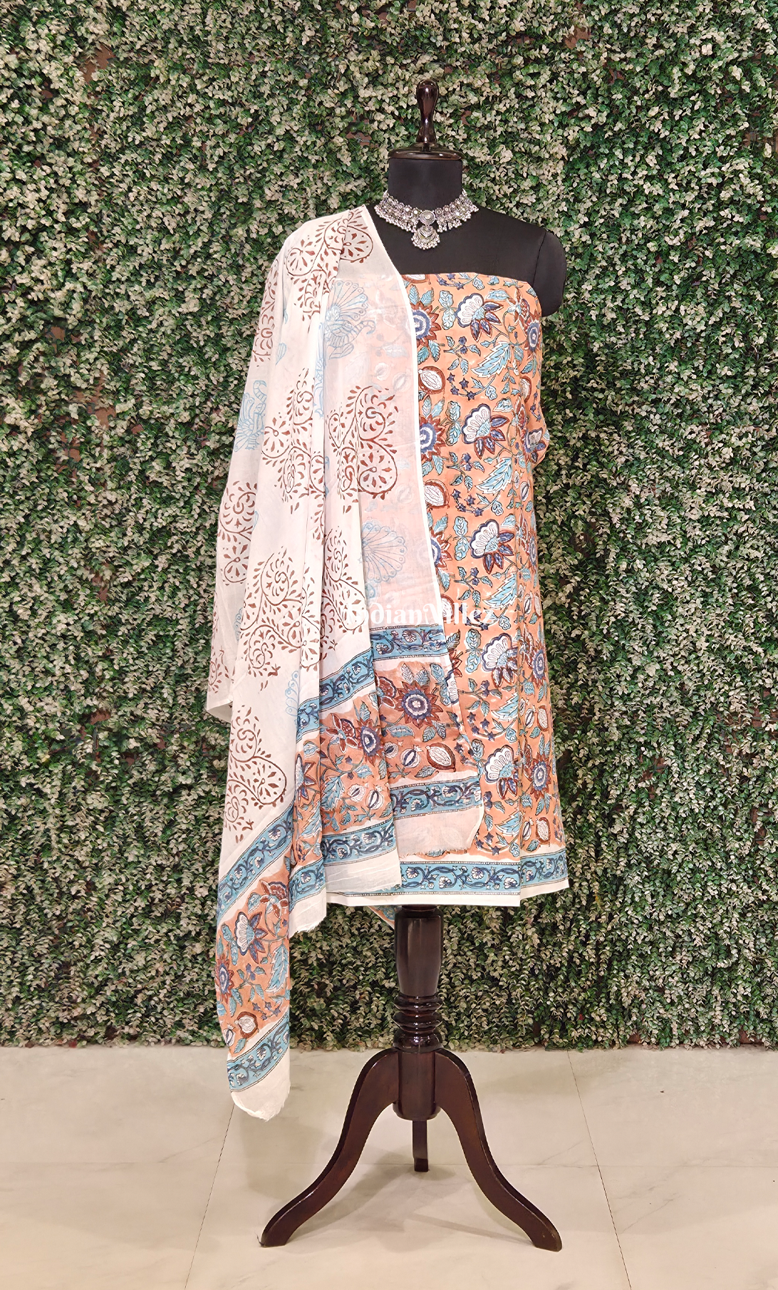 Light Orange Blue Sanganeri Block Printed Cotton Suit Sets