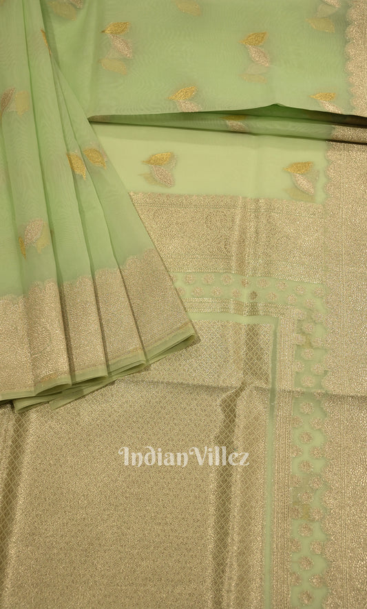 Pastel Green Leaf Motif Chanderi Silk Banarasi Saree