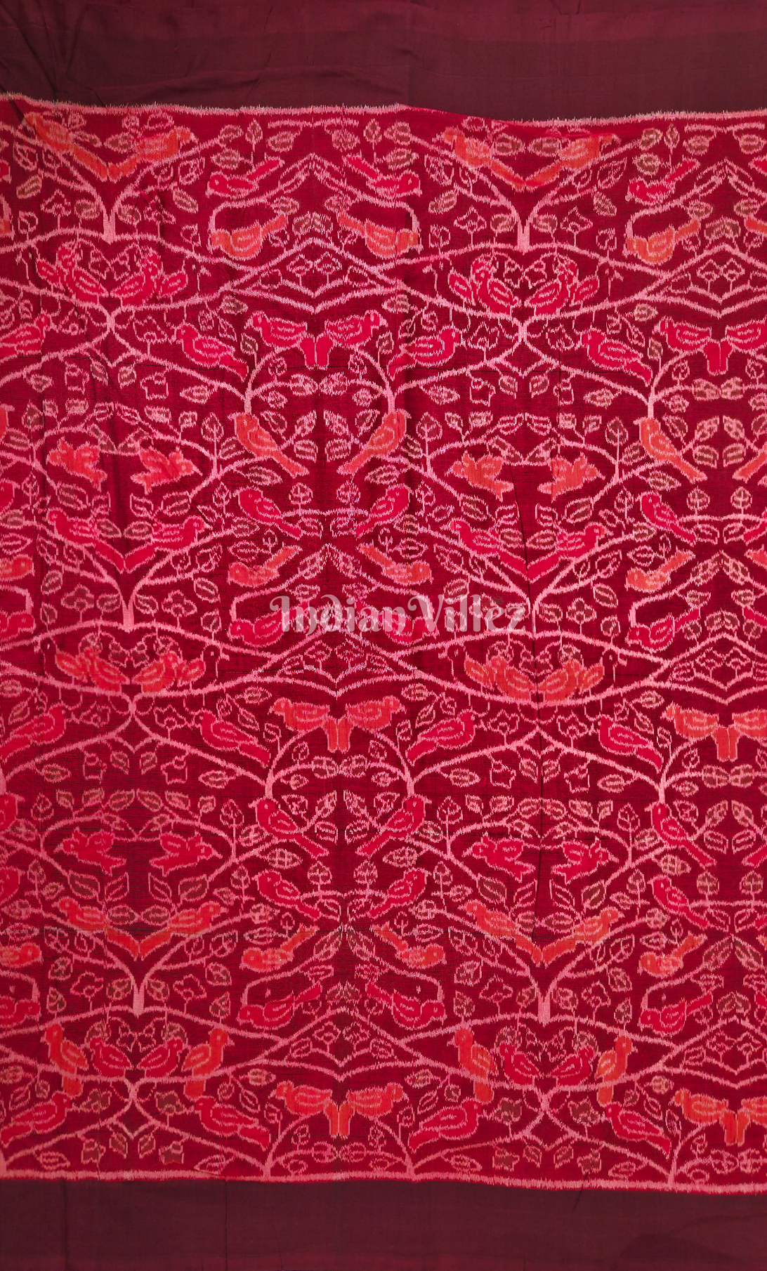 Maroon Red Floral Bird Motif Odisha Ikat Sambalpuri Cotton Fabric 