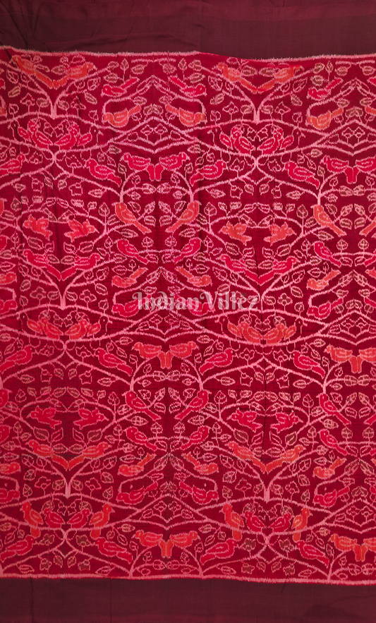 Maroon Red Floral Bird Motif Odisha Ikat Sambalpuri Cotton Fabric 