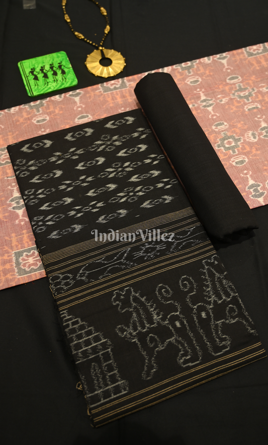 Peach Black Odisha Ikat Sambalpuri Dress Set & Dupatta