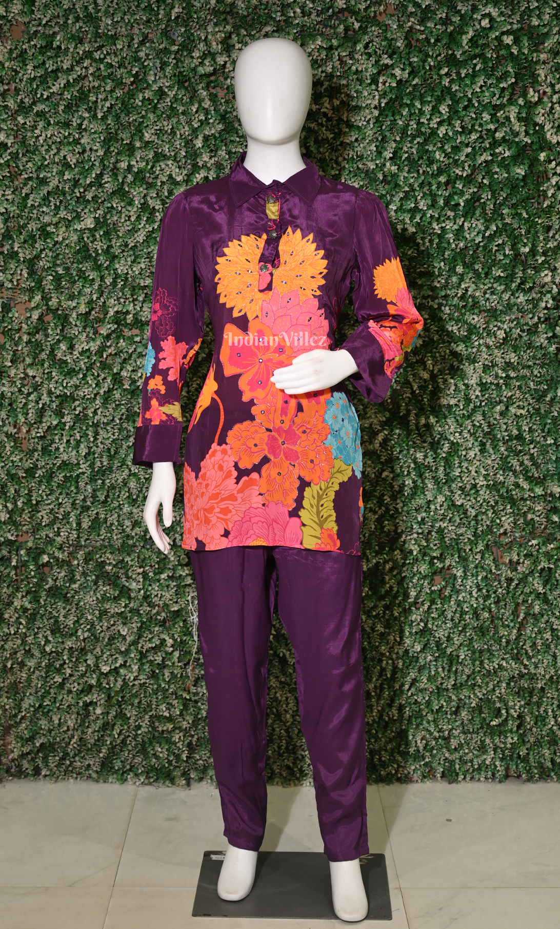 Purple Floral Printed Kurta & Pant Set-(Co-Ords Set) 