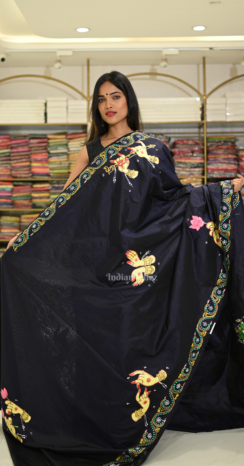 Dark Blue Arjuna Bows to Navagunjara Hand-Painted Pattachitra Saree